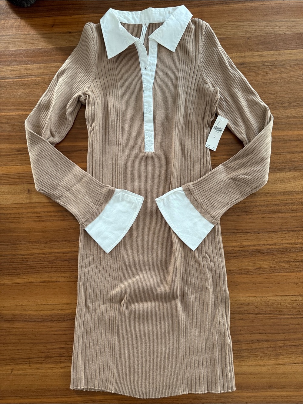 New with tags Anthropologie Beige Ribbed Knit Dress with White Collar and Cuffs